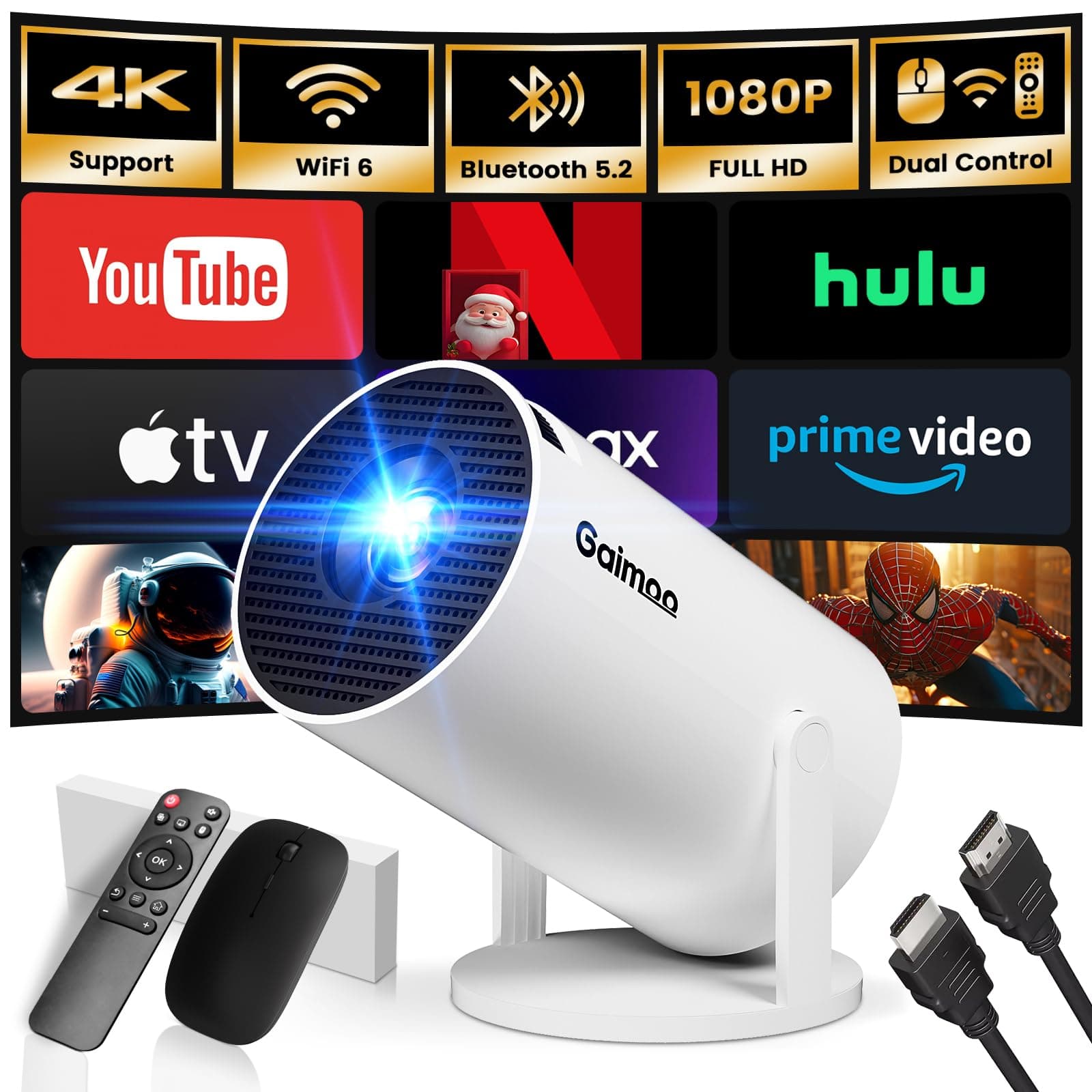 [Built-in App] Mini Projector 1080P FHD 4K Support Projector with Mouse Portable Projector with WiFi and Bluetooth 180° Adjustable Auto Keystone HDMI/TV Stick/PS5/Laptop, with HDMI Cable & Mouse - Image 1