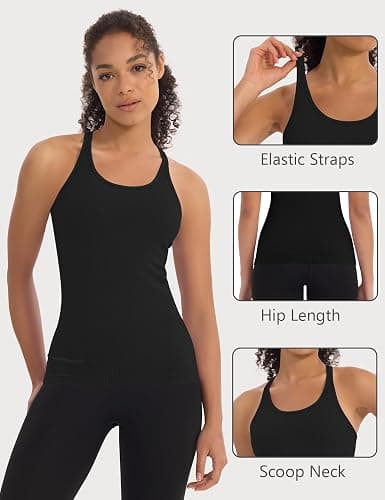Missclub 3 Pack Workout Tank Tops for Women with Built in Bra Ribbed | with Removable Pads, Seamless, Racerback, Scoop Neck, Athletic Running Gym Yoga Tops, High Stretch Fabric, Hip Length, Soft thumbnail 4