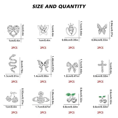 CUBLIVE 24PCS Nail Charms Y2k Alloy Nail Art Rhinestone Charms 3D Heart Bow Butterfly Charm with Rhinestones Cherry Nail Gems Shiny Jewelry Nail Decorations Accessories Supplies (SS) thumbnail 2