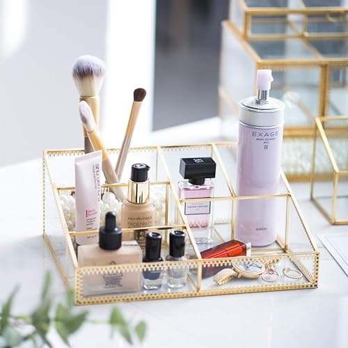 Makeup Organizer Antique Countertop Cosmetic Storage Box Glass Beauty Display, Gold Spin Large Capacity Holder for Brushes Lipsticks Skincare Toner thumbnail 2