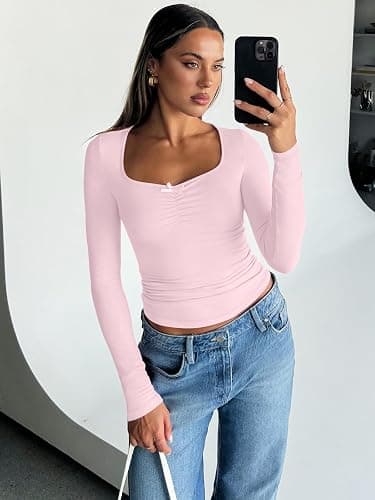 Trendy Queen Womens Long Sleeve Tops Going Out Top Trendy Cute Shirt Y2k Clothes Fashion Clothing Fall Outfits 2025 thumbnail 5