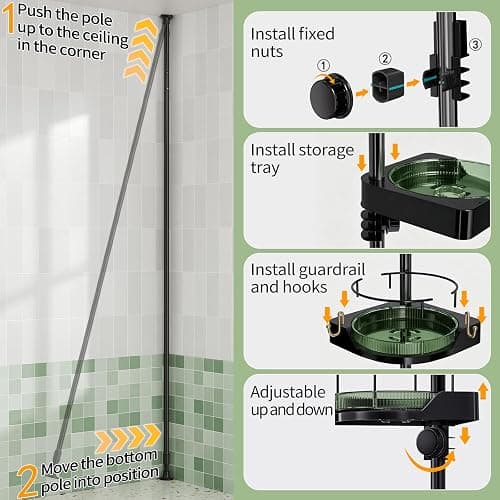 AKINBAS 360° Rotating Shower Caddy Tension Pole with 4-Tier Rustproof Lazy Susan 35-128 Inch No Drilling Coner Shelves Adjustable Shower Rack for Bathroom Bathtub Washbasin Plant Storage (Black+Green) thumbnail 4