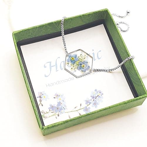 Forget-Me-Not and Queen Anne's Lace Pressed Wildflower Bracelet,Gold Pressed Wildflowers Resin Bracelet,Personalized Handmade Bracelet thumbnail 8