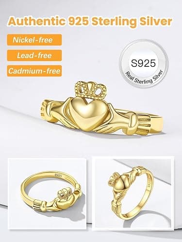 🙏🙏🙏Bestyle 925 Sterling Silver Ring for Women, Minimalist Claddagh Ring Celtic Knot Ring for Women, Irish Promise Wedding Band, Gold/Rose Gold Vermeil Women Band Ring, Stackable, Gift for Her thumbnail 2