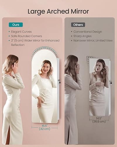SONGMICS Wide Jewelry Organizer, LED Jewelry Cabinet Wall/Door Mounted, Arched Mirror with Storage, Lockable, Rounded Corner, Interior Mirror, 3.9 x 16.5 x 42.5 Inches, Cloud White UJJC020W01 thumbnail 4