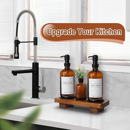 Kitchen Soap Dispenser Set with Wood Riser Tray, Amber Glass Soap Dispenser with Stainless Steel Pump, Hand and Dish Soap Dispenser Set for Kitchen, Soap and Lotion Dispenser Bathroom Decor(Amber) thumbnail 2