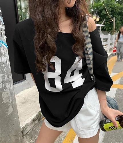 Pinclodly Off The Shoulder Tops for Women Short Sleeve Y2K Jersey Number Graphic Oversized Tshirts E-Girl Tees thumbnail 3