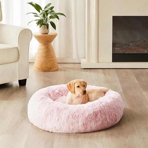 WNPETHOME Round Calming Pink Small Dog Bed Cat Bed for Comfy Sleeping, Cute Washable Puppy Bed with Fluffy Plush, Faux Fur Anti Anxiety Pet Bed Donut Cuddler (20 x 20 x 8 Inch) thumbnail 6