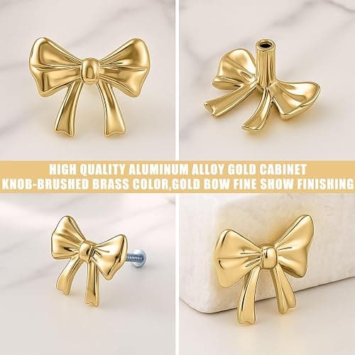 Hotop 15 Pack Bow Dresser Knobs Gold Cabinet Drawer Knobs with 2 Kinds Screws for Hardware Dresser Kitchen Drawer Aluminum Alloy Oxidation Wire Drawing Handle, 1.57" x 1.18" (Brushed Gold) thumbnail 5