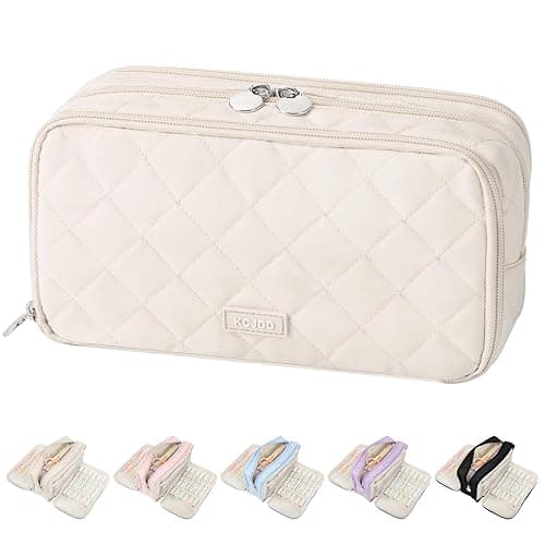 Kcjdd Cute Pencil Case for School, Soft Quilted Pencil Pouch Organizer with 3 Compartments, Large Double Zipper Pencil Bag for Teen Girls, Boys & Women (Beige) - Image 1