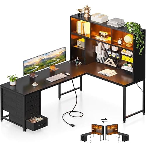 AODK 63" L Shaped Desk for Gaming and Working,Black | PC Desk with Hutch, Pegboard & Shelves, 4 Drawers, Integrated LED Light Strip & Power Outlets, Reversible - Image 1