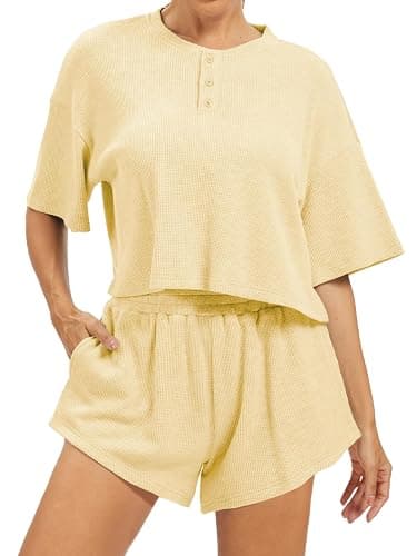 AnotherChill Women's Cropped Waffle Knit Lounge Set – Short Sleeve Henley Top and High Waisted Shorts 2 Piece Casual Outfit - Image 1