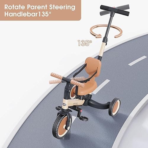 newyoo Toddler Tricycle with Push Handle for 1-3 Year Old, Toddler Bike, Birthday Gift and Toy for Boys and Girls, 5 in 1 Kids Trike, Balance Bike with Backrest and Safety Belt, Khaki, TR007 - Khaki thumbnail 6