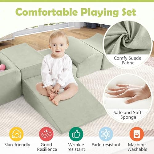 COSTWAY 5-Piece Soft Play Climbing Blocks, Baby Climb and Crawl Playset with Ball Pit, Foam Playground Montessori Toy for Toddlers (Green) - Green thumbnail 5