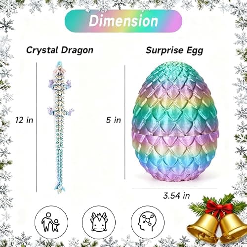 YILCER 12" 3D Printed Dragon Egg, Mystery Articulated Crystal Dragon Egg Fidget Toys, 3D Print Surprise Animals Toy for Kid Teen Boy Girls (Rainbow Color) thumbnail 3