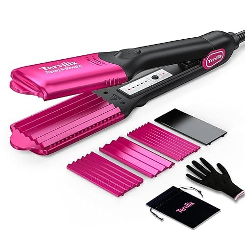 Terviiix Crimper Hair Iron with 4 Interchangeable Plates, Keratin & Argan Oil Infused Hair Crimper for Women, Volumizing Crimping Iron for Thin Fine Hair, 5 Heat Settings & 60 Mins Auto Off, Pink - Image 1
