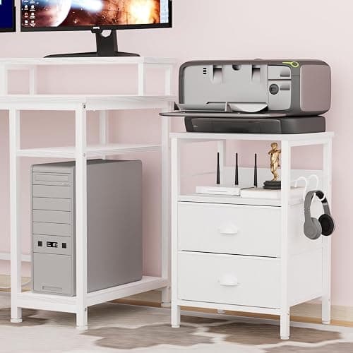 Furologee Nightstand with 2 Fabric Drawers, White Bedside Table with 2-Tier Shelf, Side Table with Hooks and Wood Top for Bedroom/Living Room/Hallway/White - White - 1pc thumbnail 8
