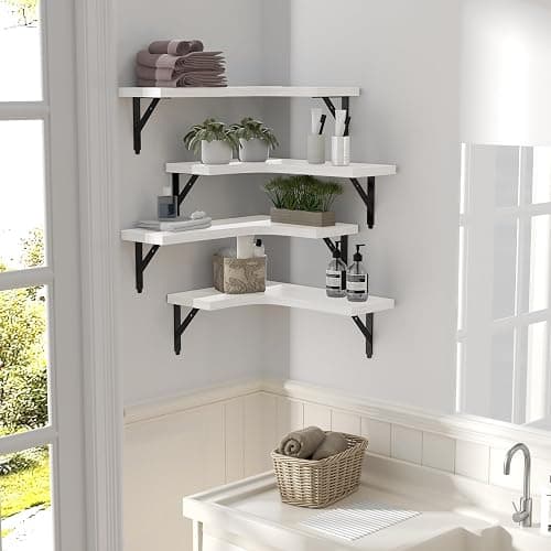 ROMGUAR CRAFT Corner Floating Shelves Wall Mounted Set of 4, Rustic Wood Storage Display Wall Shelves for Home Decor, Bathroom, Kitchen, Bedroom, Living Room, Office (White) thumbnail 6