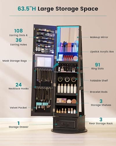 Vlsrka Mirror Jewelry Cabinet Standing with Lights, Lockable, Swivel, Black | Standing Jewelry Armoire with Full Length Mirror, Large Jewelry Organizer Storage with Foldable Makeup Shelf, 3 LED Lights thumbnail 4