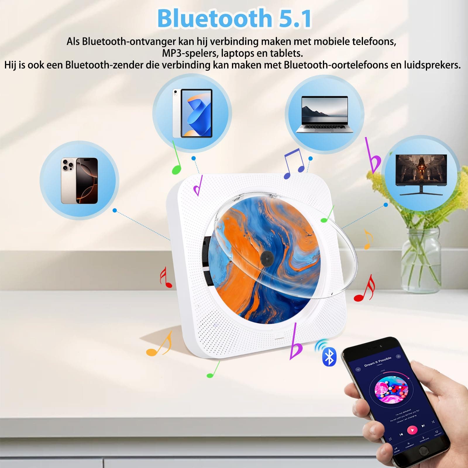 Portable Bluetooth CD Player, Home Desktop CD Player, Mini Music Players HiFi Speakers, FM Radio LED Screen AUX Headphone Holes USB Port Protective Housing Remote Control (White) thumbnail 4
