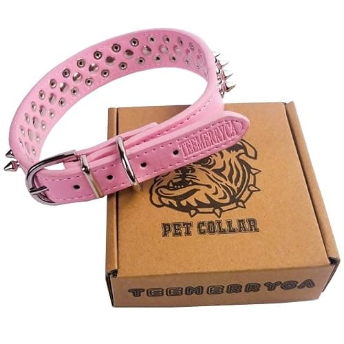 TEEMERRYCA Adjustable Leather Spiked Studded Dog Collars with a Squeak Ball Gift for Small Medium Large Pets Like Cats/Pit Bull/Bulldog/Pugs/Husky, Pink, L(15"-18.5") thumbnail 2