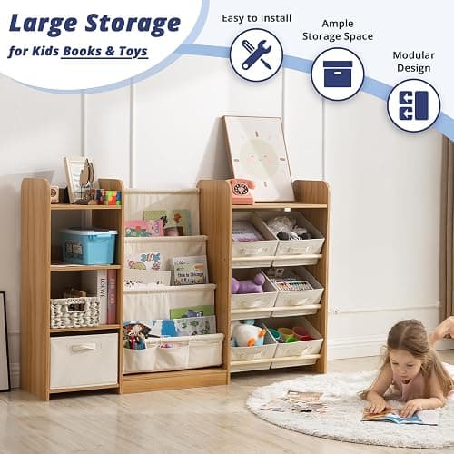 Kids Bookshelf and Toy Storage with 7 Removable Bins, 51 inch, Burlywood | Baby Bookshelf and Toy Organizer, Kids Bookcase, Large Toy Storage with 4-Tier Book Shelf for Kid Room, Playroom, Classroom thumbnail 5