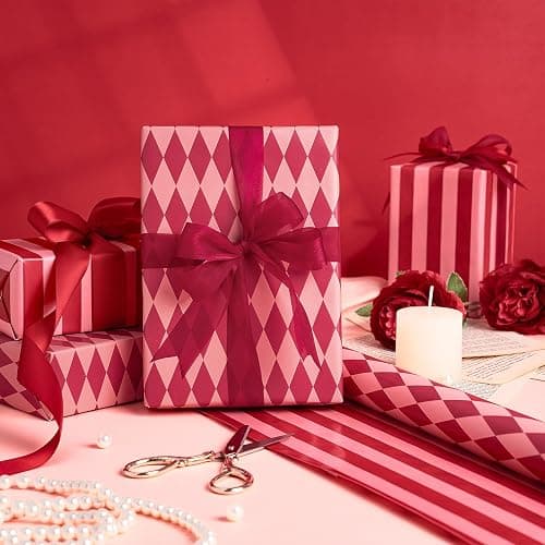 RUSPEPA Reversible Wrapping Paper Roll for Girls, Mini Roll, Red and Pink Stripes and Diamond Pattern, Holiday Gift Wrap for Christmas, Valentine's Day, Merry Market Gifts, 17 Inches x 16.4 Feet thumbnail 3