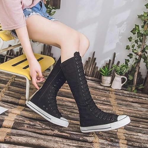 Women's Canvas Boots Lace Up Knee High Platform Boots for Women Comfort Sneakers Canvas Shoes with Side Zipper thumbnail 2