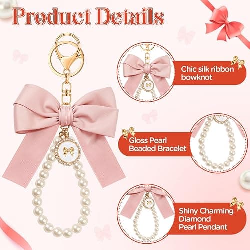 Neptniopllab Bow Keychain Pink Bow Charm Pearl Wristlet Keyring Keychain for Women Purse Bag Charm - Pink+balck-2pcs thumbnail 3