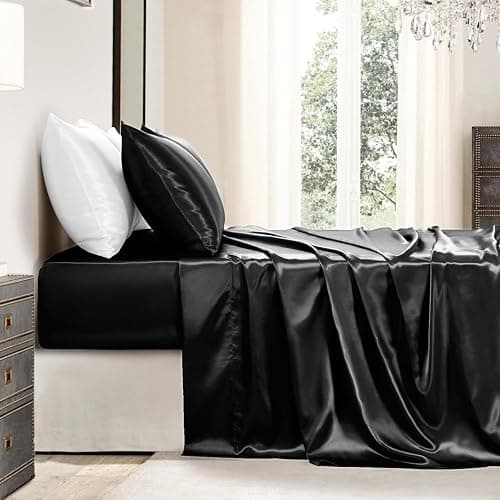 GOLAL Satin Sheets Queen Size - 4 Pieces Luxury Silky Soft Bed Sheets, Wrinkle-Free Black Satin Silk Sheet Set with 1 Deep Pocket Fitted Sheet, 1 Flat Sheet, 2 Pillow Cases thumbnail 8