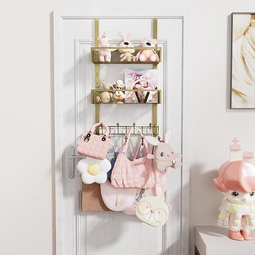 Consumest Over The Door Hooks Organizer - 3 Tier Door Hanger with 9 Coat Hooks & 2 Mesh Basket, Back Storage Organizer Hanging Towels for Bathroom, Bedroom, Gold thumbnail 2