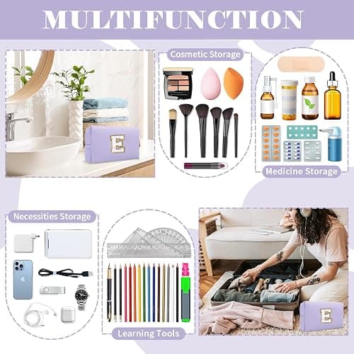 Personalized Makeup Bag Initial A-Z Preppy Patch Bag,Small PU Leather Travel Cosmetic Bag Pouch with Zipper,Purple Cute Toiletry Bag,Gift Ideal for Teen Girls Women Birthday Friend Mom,Latter E thumbnail 5