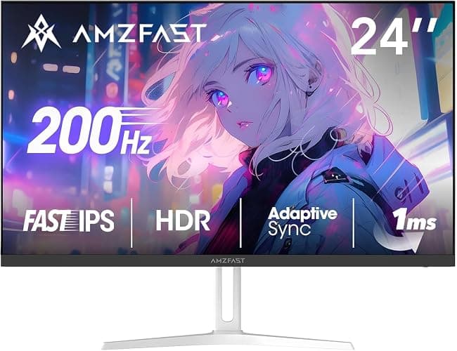 Amzfast Monitor da Gaming 24 Pollici - 200Hz, FHD 1920x1080, Fast IPS, 1ms MPRT, 80% DCI-P3, 110% sRGB, HDR, Anti-Luce Blu, Adaptive Sync, VESA 75x75, HDMI 2.0/DP 1.4, Bianco - AMZG24X1W - Image 1