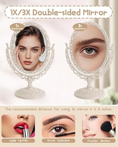 XPXKJ Vintage Vanity Mirror Shabby Chic Decor | 360° Rotating Double-Sided Table Makeup Mirror with Stand Bedroom Decoration Perfect for Tabletop, Desk, or Makeup Station thumbnail 5