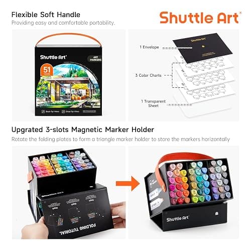 Shuttle Art Alcohol Markers Brush tip, Dual Tip Brush & Chisel Tip Art Marker Set, 50 Colors plus 1 Blender Permanent Marker Pens with Case Perfect for Illustration Students Adults Coloring thumbnail 4