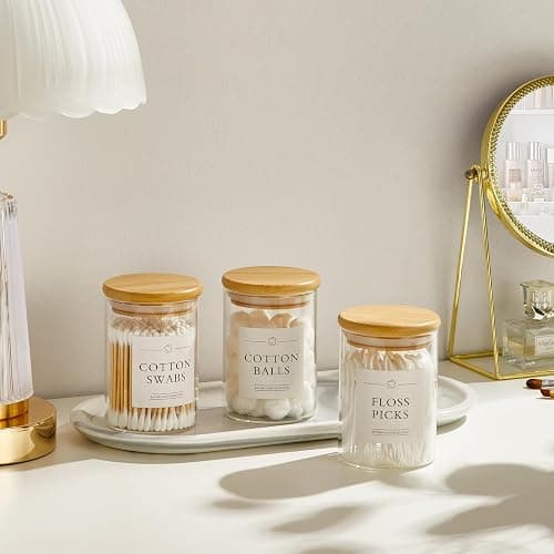 INIUNIK 3 Pack Qtip Holder Dispenser - Glass Apothecary Jars with Lids, Cotton Ball Pad Swab Round Holder, Bamboo Bathroom Accessories, Bathroom Organizers Containers Jars Canisters with Lids thumbnail 2