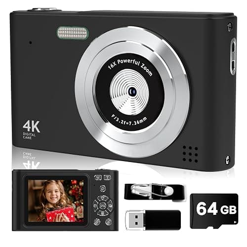 Digital Camera, 44MP Full HD 1080P Point and Shoot Camera with 64GB Card, Anti Shake 16X Zoom Compact Volg Cameras, Portable Small Camara Gift for Kids, Ages Teen Girl Boy - Black - Image 1