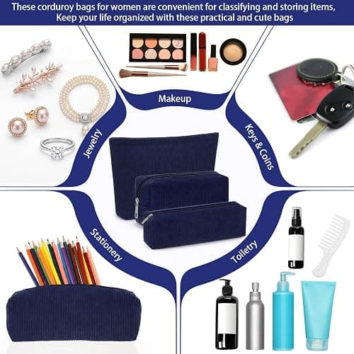 Huhumy 3 Pcs Corduroy Makeup Bag Set for Women, Dark Blue, Solid Style | Cosmetic Pouch Aesthetic Travel Toiletry Bag Cute Purse Pouch Makeup Brushes Storage Organizer with Zipper thumbnail 5