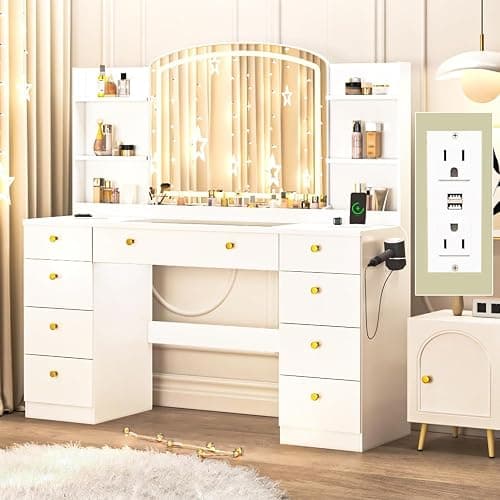 DalyLuxa 55" Vanity Desk with Mirror and Lights, Makeup Vanity with Power Outlet, White Vanity with 9 Drawers & 6 Storage Shelves for Bedroom thumbnail 8