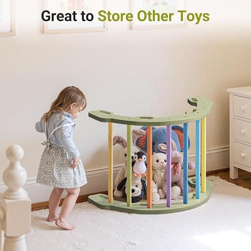 COSYLAND Kids Climber Arch Rocker with Cushion - Solid Wood Indoor Pikler Climbing Toys for Toddler with Handrails - Scentless Indoor Playground Arch Climbing Ladder (Green Frame, Rainbow Sticks) thumbnail 10