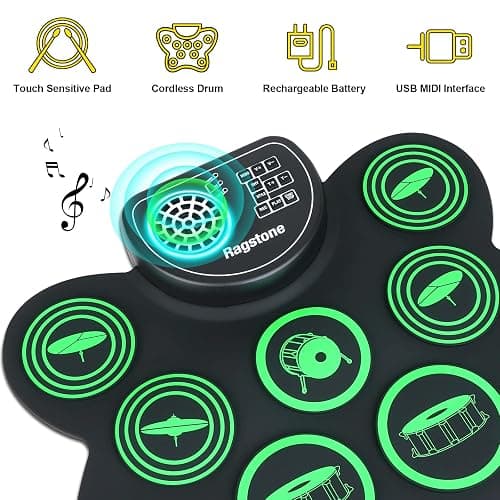 Ragstone Electronic Drum Set, Roll Up Drum Practice Kids Drum Set with Dual Stereo Speaker, MIDI, Foot Pedals, Drum Sticks, Ideal Electric Drumset Toy Gifts (Green (Dual Speaker)) thumbnail 5