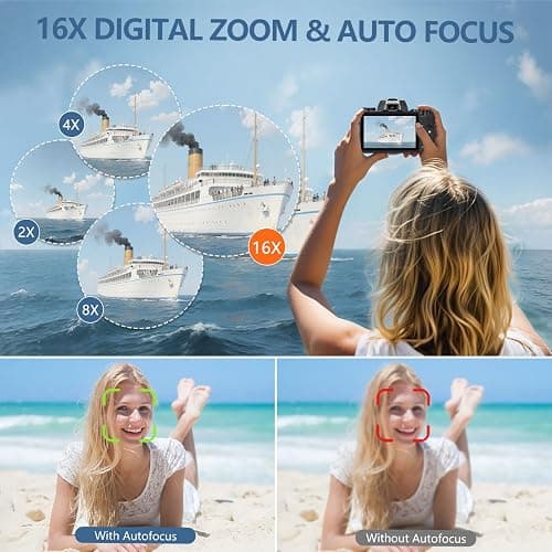 8K Digital Cameras for Photography, WiFi 64MP Vlogging Camera for YouTube, 4" Touch Screen Digital Camera with Dual Lens, Auto Focus, 16X Digital Zoom, 3000mAh Battery, 32GB Card, Black thumbnail 5