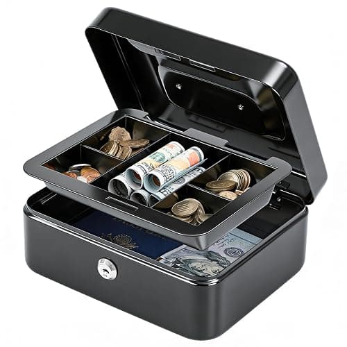 KYODOLED Medium Cash Box with Removable Money Tray, Key Lock Metal Storage Box with 2 Keys & Portable Handle, Safe Cash Drawer, 7.87"x 6.30"x 3.54", Black - Image 1