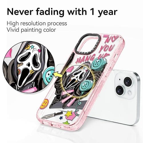 Rosarnnah Compatible for iPhone 15 Case Cute - Durable Shockproof 6.6 ft Drop Impact Phone Case - Funny Skeleton Design for iPhone 15 6.1" Glitter Pink thumbnail 4