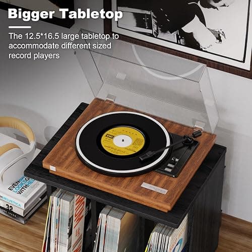 Emfogo Vinyl Record Storage, Record Player Stand Wall Mount Up to 80-100 Albums, 3-Compartment Vinyl Record Holder (Black) thumbnail 7