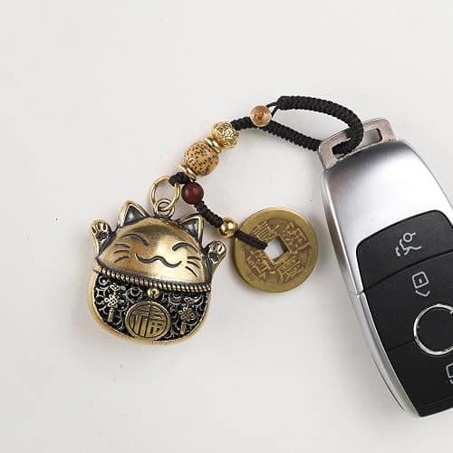 Mansiyuyee Brass Maneki Neko Lucky Cat Keychain with Feng Shui Coins, Maneki Neko Statue Good Luck Charms Lucky Tassel thumbnail 6