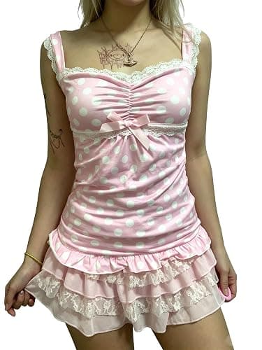 Anuedgis Women's Polka Dot Lace Trim Cami Top Ruched Ruffle Hem Camisole for Going Out & Casual Wear - Image 1