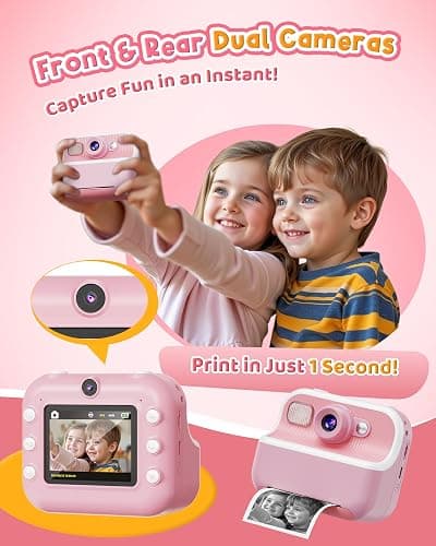 Instant Camera, Front Rear Dual Selfie Kids Camera with 1080P Videos, Holiday Birthday Gifts for Kids Age 3-12, Toddler Portable Travel Print Digital Camera Toy for 4 5 6 7 8 9 Year Boys Girls - Pink thumbnail 3