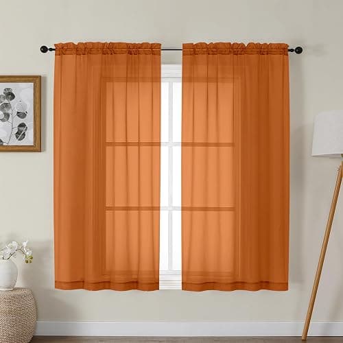 Gwine Burnt Orange Sheer Curtains for Bedroom 54 inches Long 2 Panels, Light Filtering Voile Rod Pocket Curtains, Airy Transparent Fall Sheer Drapes for Living Room, Each 42 Wx54 L - Image 1
