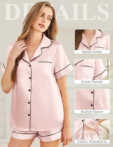 SHEFOTY Silk Pajamas for Women Short Sleeve Sleepwear Soft Button Down Loungewear 2 Piece Satin Pjs Shorts Set S-XXL thumbnail 5